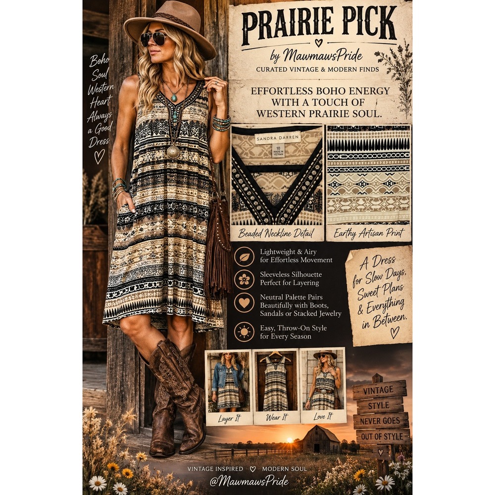 Sandra Darren Boho Western Prairie Artisan Print Beaded V-Neck Sheath Dress 10